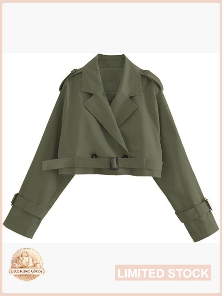 Cropped Trench Coat Double Breasted Lapel Collar Short Jacket With Belt